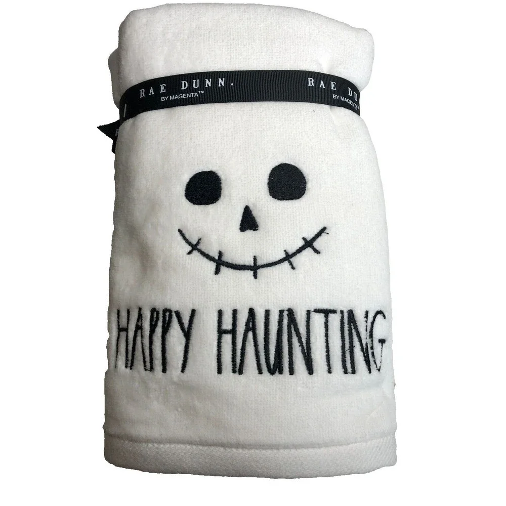 Rae Dunn Halloween Set of 2 Hand Towels Happy Haunting Skull Embroidered Spooky